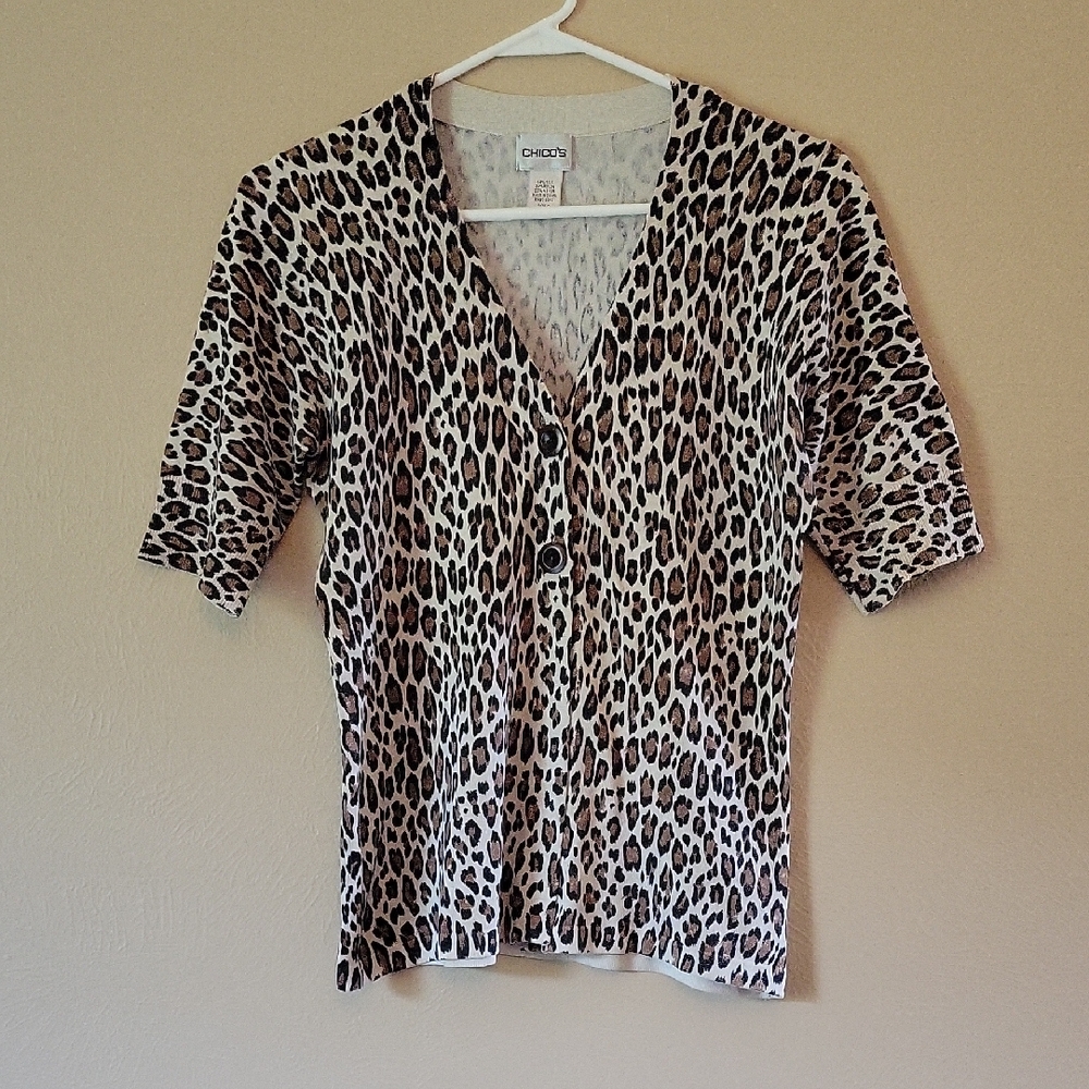 Chico's Animal Print Leopard Cheetah Silk Blend Short Sleeve Top